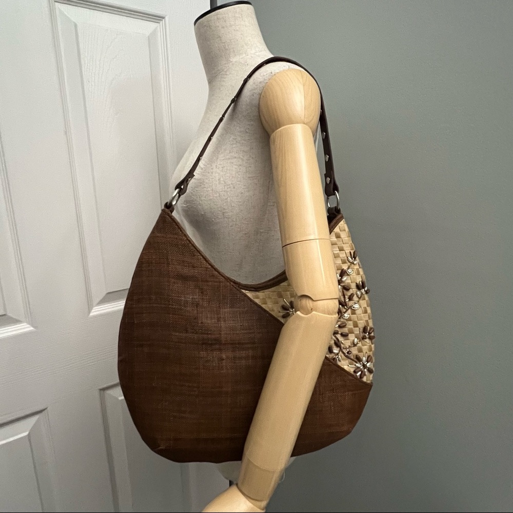 Kate Landry Natural Straw Woven and Beaded Top Handle Shoulder Bag - Picture 12 of 16